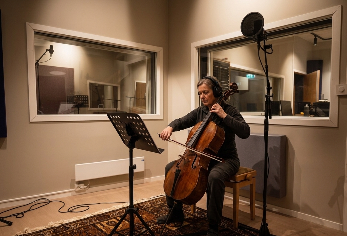 Cellist i sidestudio hos Mobula Music