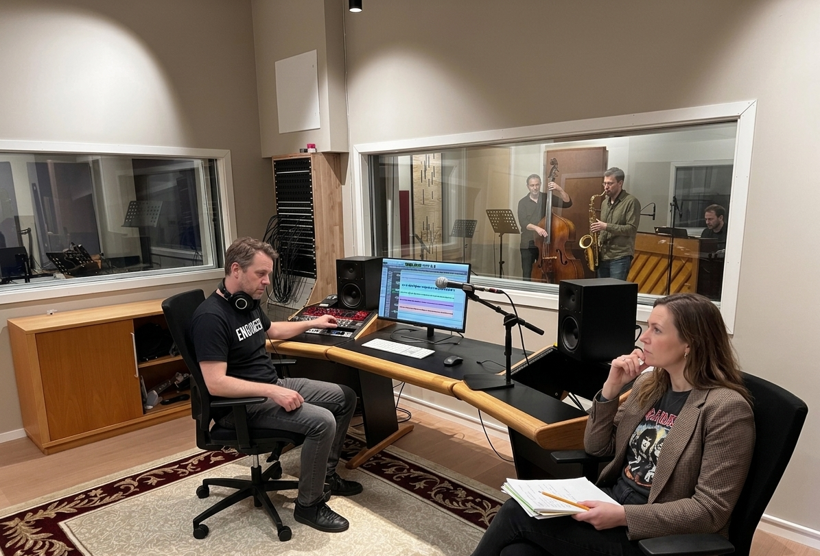 Jazzband under innspilling i hovedstudio på 50 m² hos Mobula Music