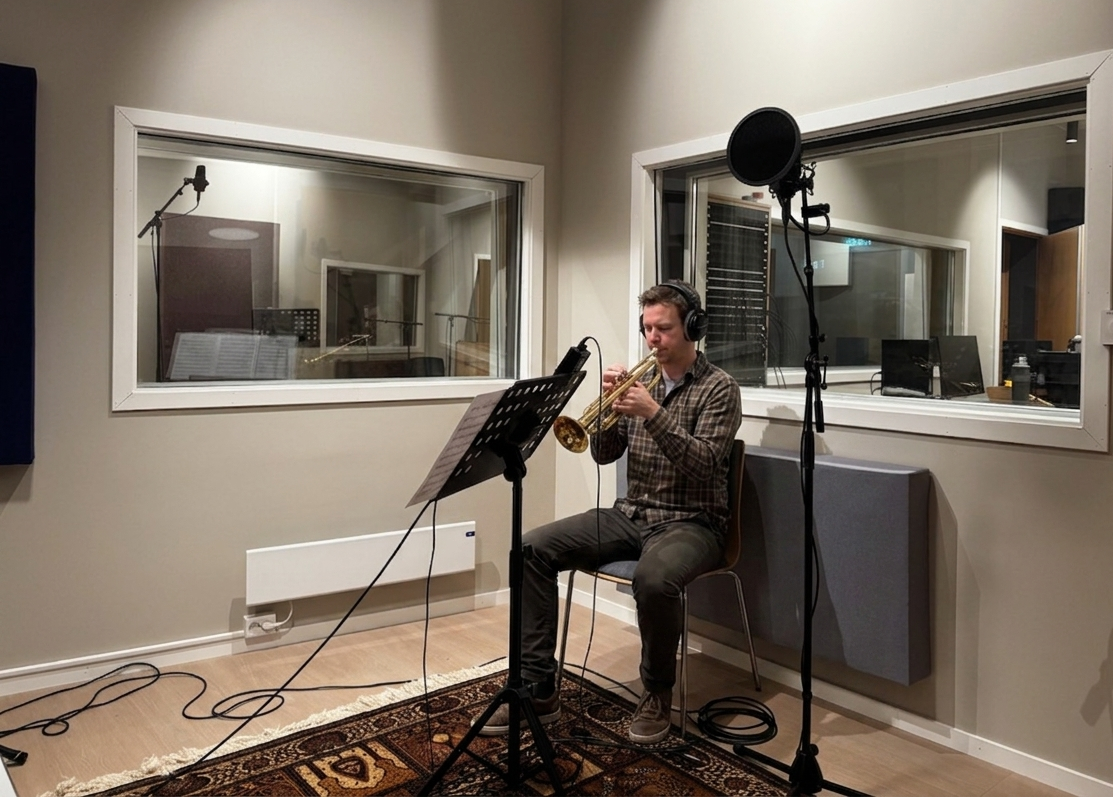 Trompetist under innspilling i sidestudio hos Mobula Music