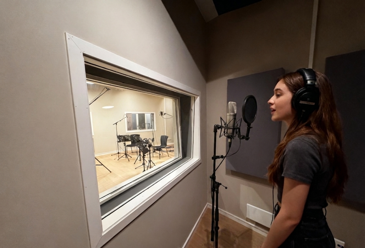 Vokalist spiller inn i akustisk optimalisert vokalrom hos Mobula Music